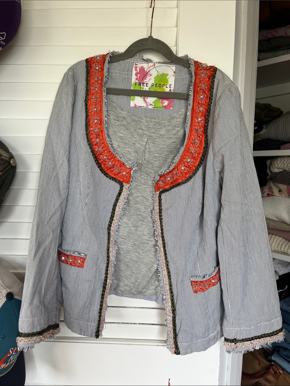 Free People Blue Pinstripe Blazer with Orange Trim
